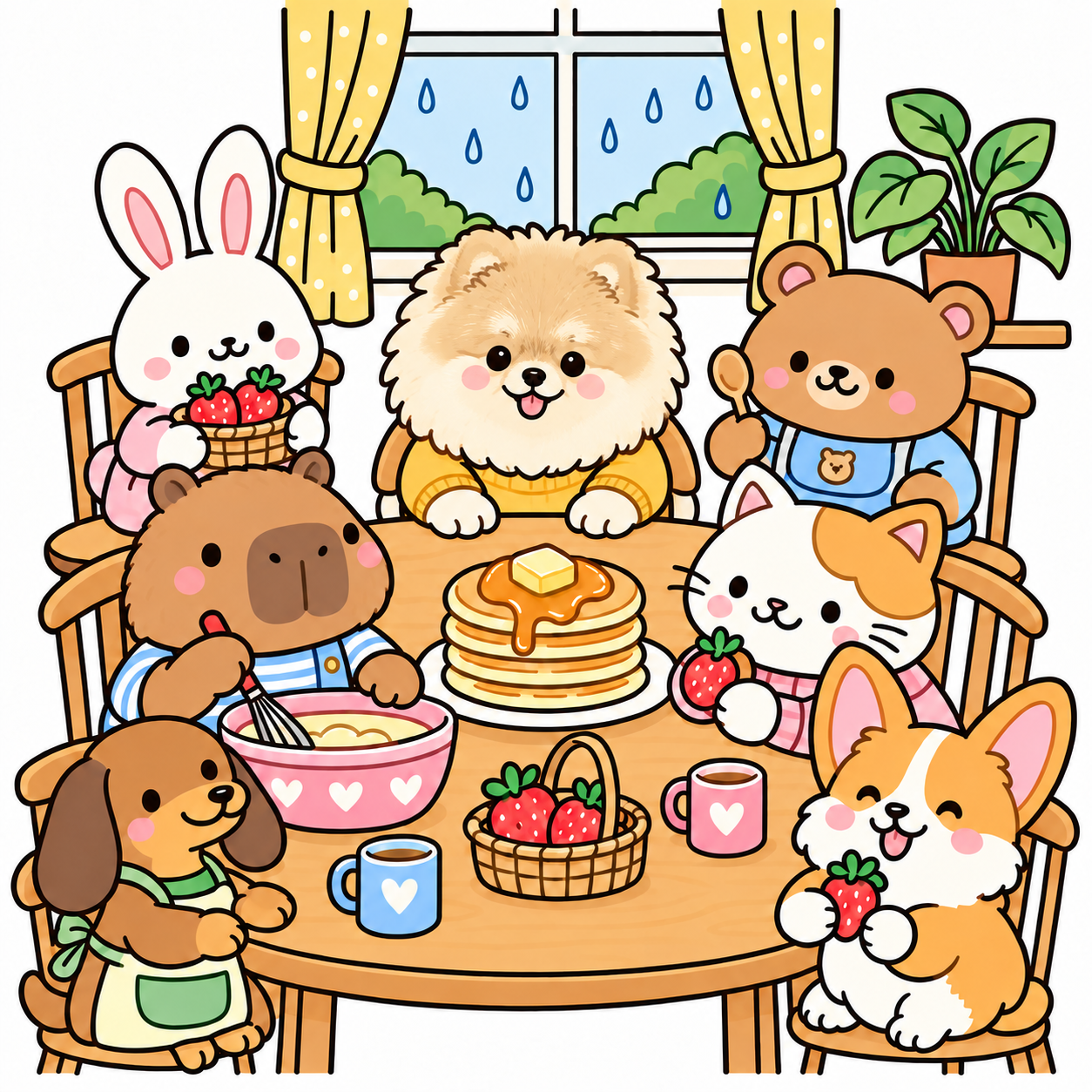 A capybara, a cat, a Pomeranian, a dachshund, a corgi, a bunny and a bear sharing a pancake breakfast